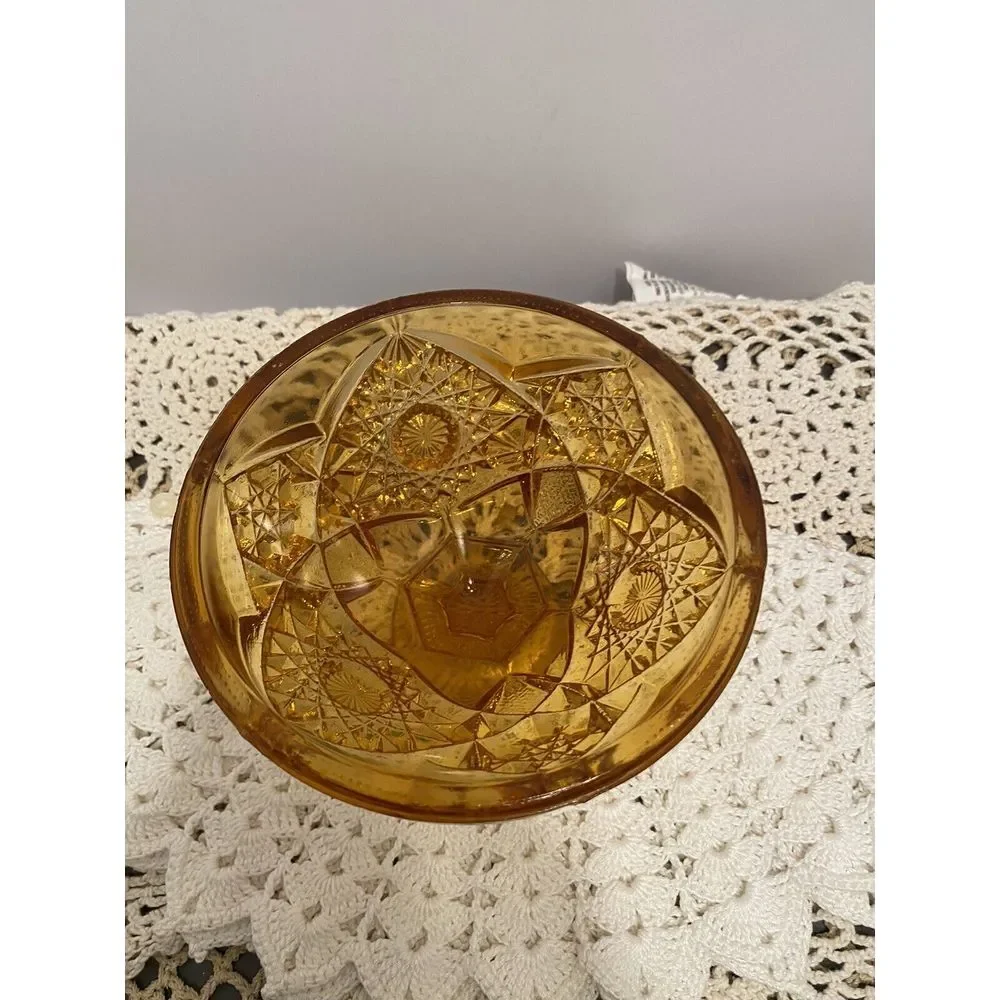 Vintage Kemper Amber Gold Pedestal Candy‎ dish hobnail starburst pattern